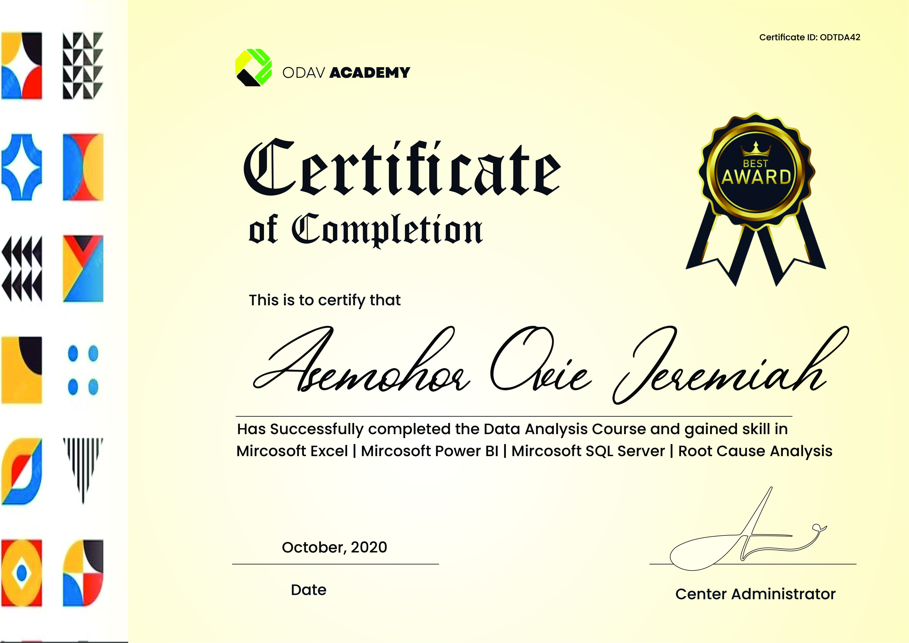 Odav Technologies Certificate